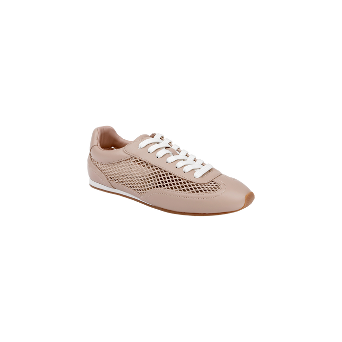 The Jarah Sneaker features tan leather with white laces and a mesh side panel, showcasing a subtle ballerina silhouette, and is displayed on a plain white background.