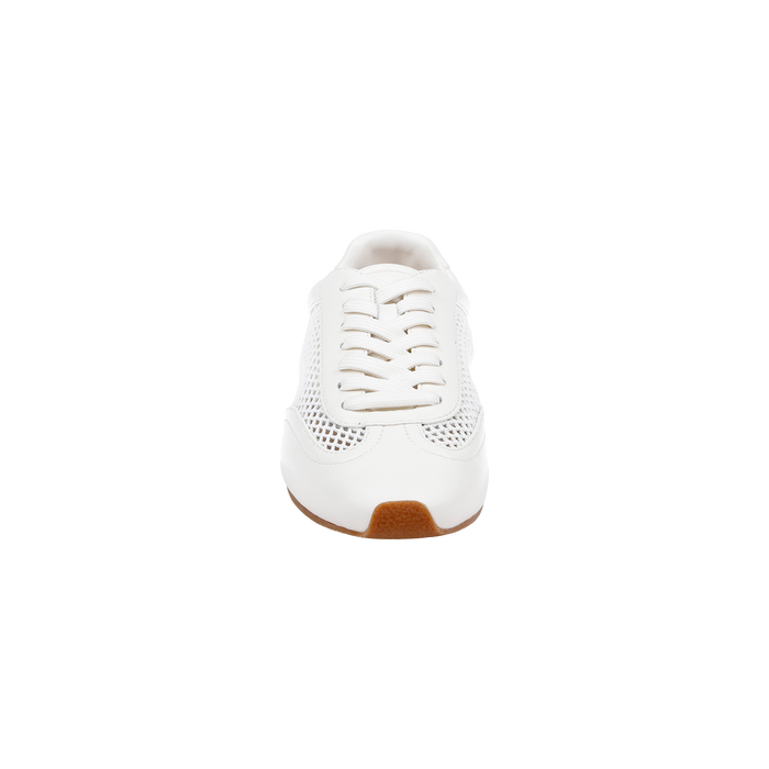 Front view of the Jarah Sneaker in white leather with mesh panels, white laces, and a brown gum sole, set against a plain white background. This retro-inspired sneaker offers all-day support with its comfortable memory foam insole.
