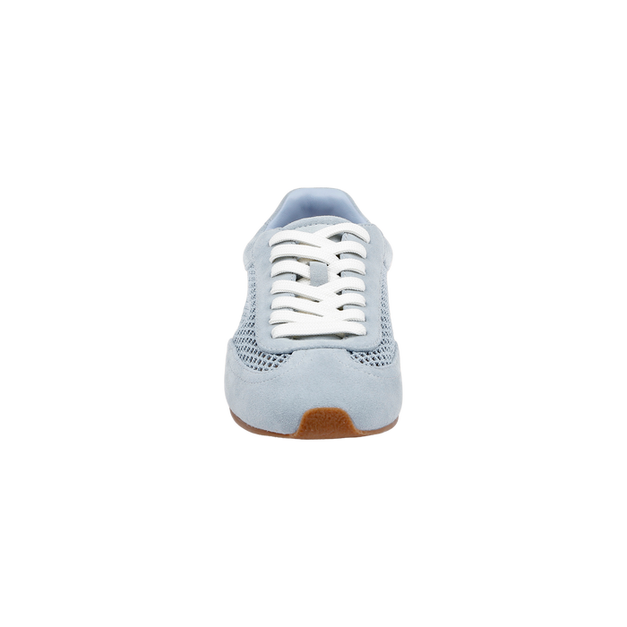 The Jarah Sneaker, featuring retro-inspired design in light blue suede with white laces and mesh and suede accents, is shown from the front against a plain white background.