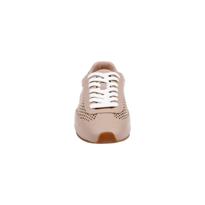 Front view of the Jarah Sneaker, featuring a retro-inspired tan leather design with white laces, mesh sides, and a brown sole, isolated on a white background.