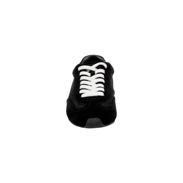 The Jarah Sneaker in black suede is shown from the front on a plain white background, featuring white laces.