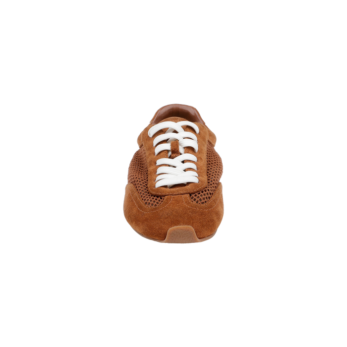 A front-facing view of the Jarah Sneaker showcases its brown suede finish, white laces, and memory foam insole against a plain white background.