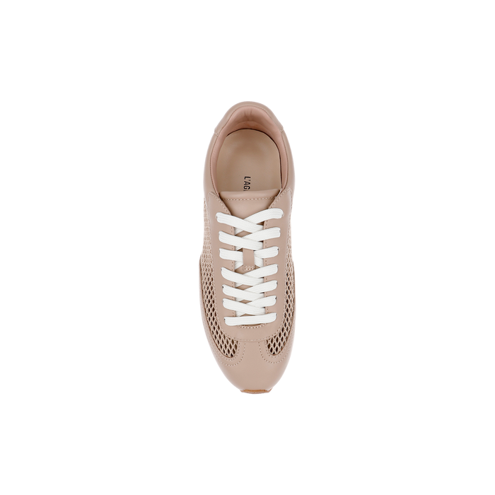 A top view of the Jarah Sneaker, a retro-inspired design in beige featuring white laces and mesh detailing on the sides, displayed on a plain white background.