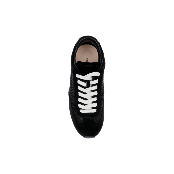 Top view of the Jarah Sneaker in black suede with white laces, showcasing a perforated texture and a memory foam insole, set against a plain white background.