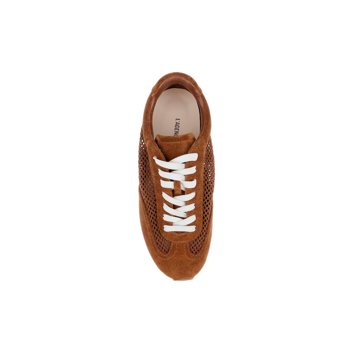 Top view of the Jarah Sneaker, featuring retro brown suede, white laces, mesh side panels, and a comfortable memory foam insole, displayed on a plain white background.