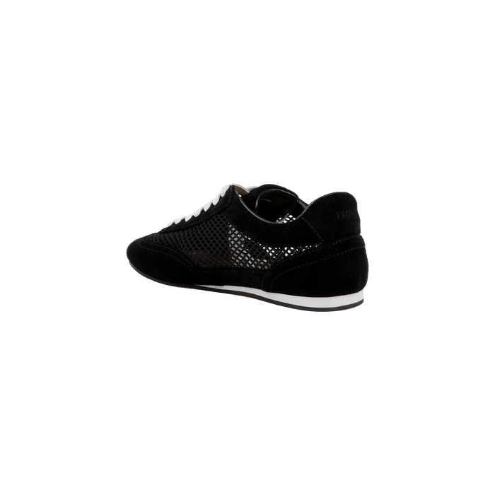 The Jarah Sneaker features black suede uppers with a shiny, textured side panel, complemented by a white sole and white shoelaces. Designed for comfort, it includes a memory foam insole. The shoes are displayed at an angle on a plain white background.