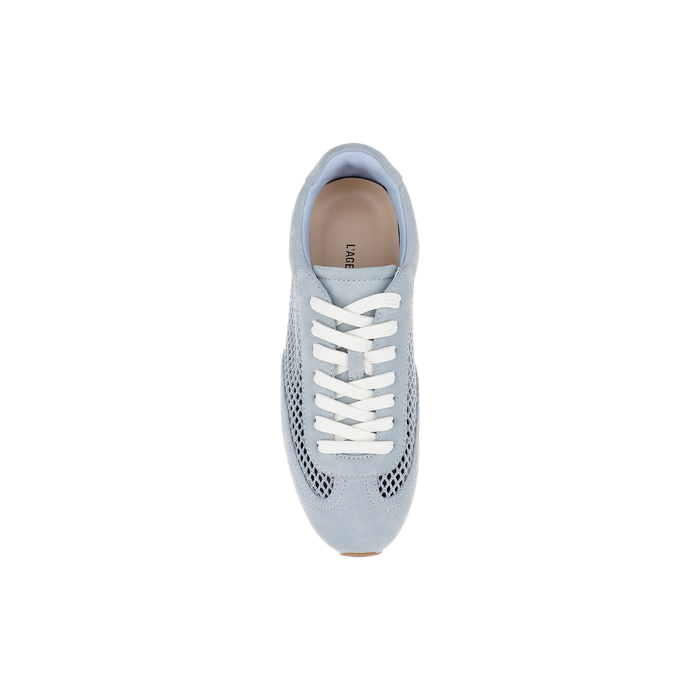 The Jarah Sneaker is a light blue suede, retro-inspired sneaker featuring white laces and mesh detailing, shown from above on a white background.