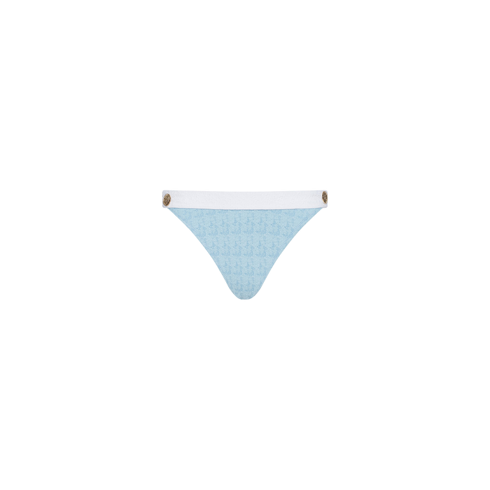 Introducing the Jean Bikini Bottom—a light blue textured bouclé swimwear piece featuring a white waistband and gold accent buttons on each side, designed with a high-leg cut and showcased against a plain white background.