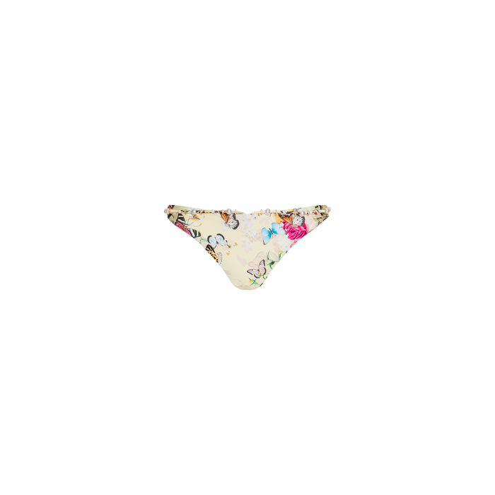 Jean Bikini Bottom with a high-leg cut, featuring a white base adorned with colorful flower and butterfly prints, displayed against a plain white background.