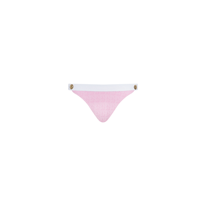 The Jean Bikini Bottom is a pink, high-leg bikini bottom crafted from textured bouclé fabric, featuring a white waistband and gold button details at each side, showcased against a plain white background.