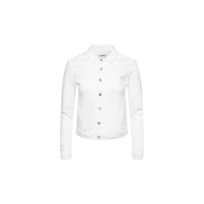 The Celine Jean Jacket is an optic white denim jacket featuring silver buttons, a pointed collar, and long sleeves, designed in a relaxed fit and shown on a white background.