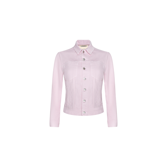 Slim fit light pink Celine Jean Jacket with long sleeves, silver buttons, chest pockets, and a collar, displayed on a white background. This pastel lilac-inspired Celine Jean Jacket offers a modern update to a classic style.
