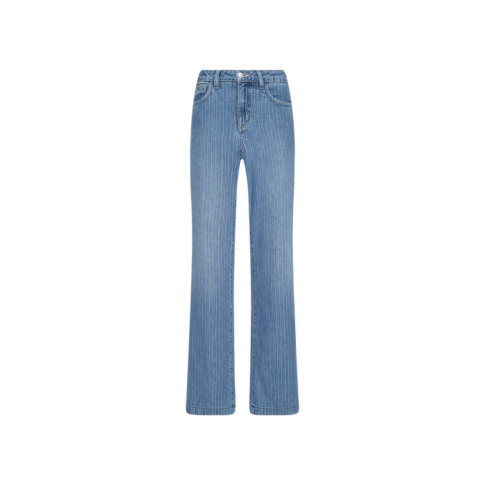 Joanne Low-Rise Wide-Leg Jean in light blue denim, featuring a low-rise waist, wide-leg silhouette, front button and zipper closure, classic five-pocket design, and subtle indigo pinstriped detailing, displayed on a plain white background.