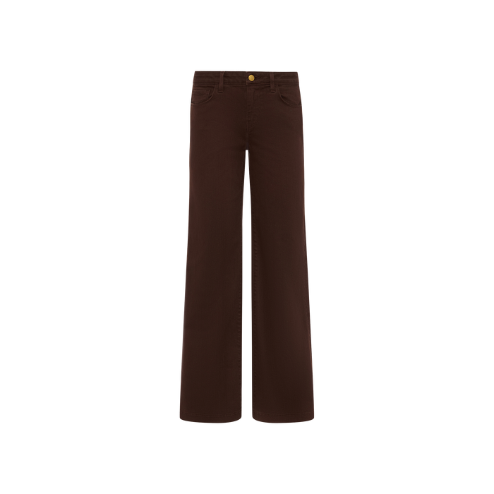 The Joanne Low-Rise Wide-Leg Jean in dark brown features front and back pockets, a button and zip closure, and is displayed on a plain white background.