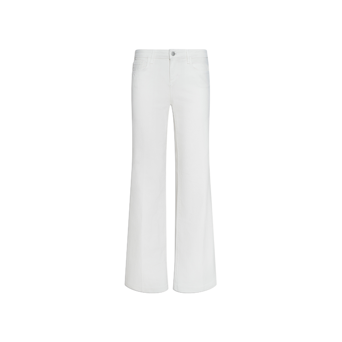 The Joanne Low-Rise Wide-Leg Jean is showcased against a simple, light background. Featuring a low-rise waist, front button closure, and wide legs in an ecru wash, these jeans offer a contemporary take on classic denim style.
