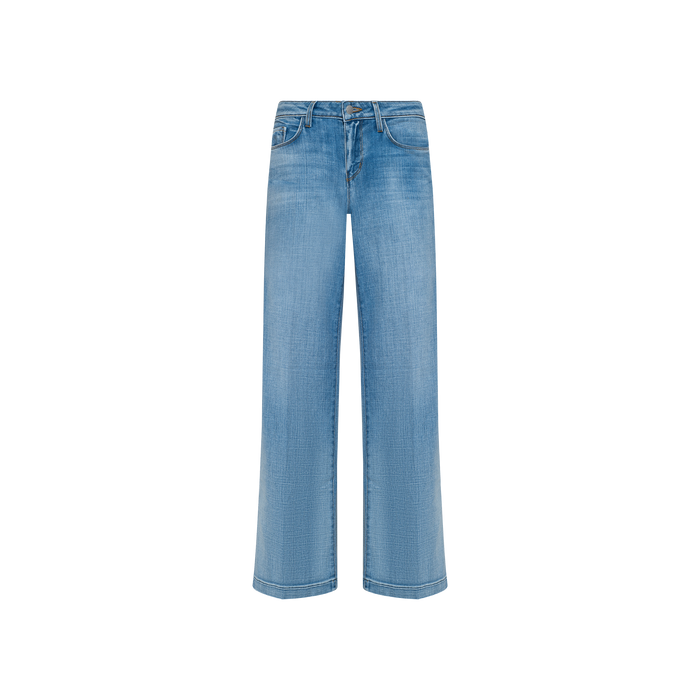 Joanne Low-Rise Wide-Leg Jean in light blue, crafted from stretch denim with classic five pockets and a button fly, displayed on a white background.