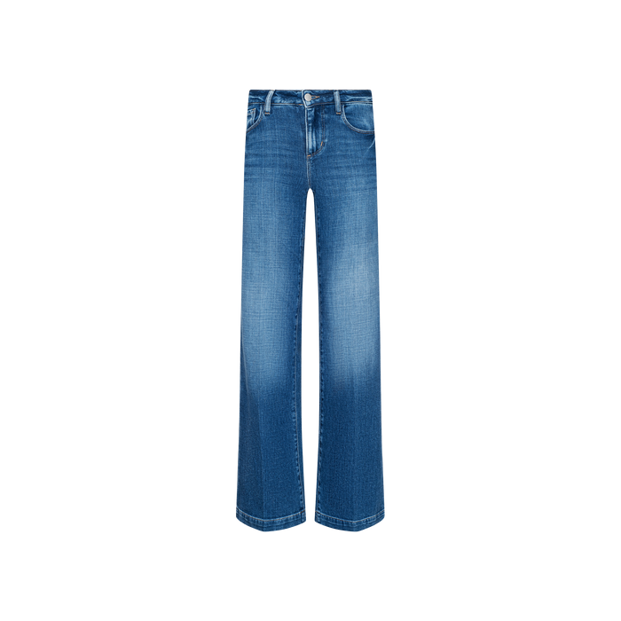 Joanne Low-Rise Wide-Leg Jean in blue, crafted from stretch denim with a subtle thigh fade, features a classic five-pocket design and button closure, shown against a plain white background.