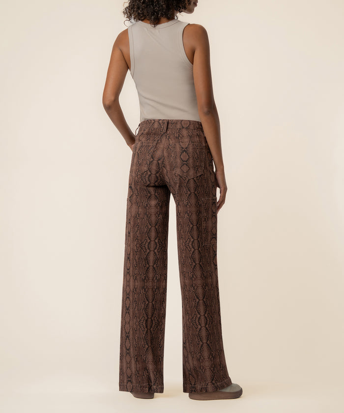 Brown snakeskin-patterned high-rise wide-leg jeans with straight silhouette, shown from back view.