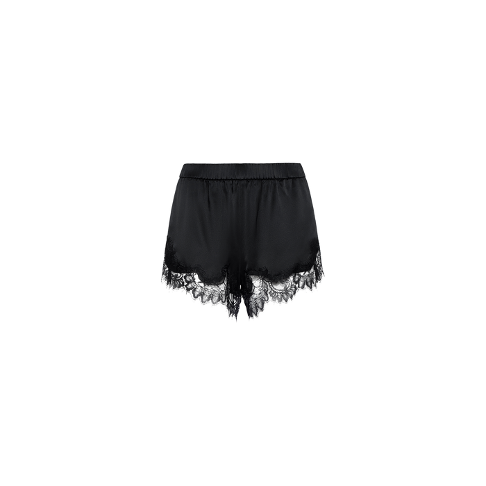The Joy Silk Lace Short features a sleek black satin design with delicate lace detailing along the hem and sides, making it an ideal choice for warm-weather style, shown here against a plain white background.