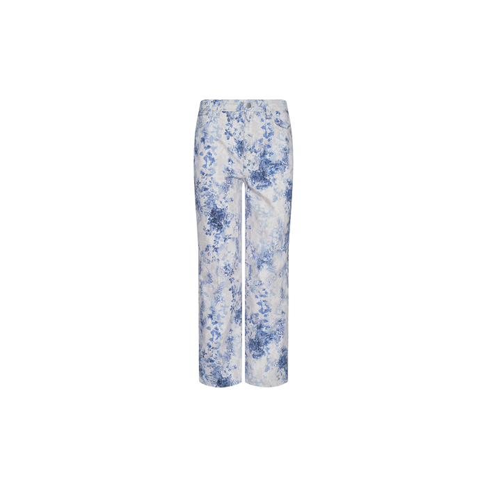 June Cropped Stovepipe Jean in a blue and white floral paisley print, featuring a high-rise straight leg fit, displayed on a plain white background.