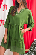 Jungle Green Contrast Stitched V Neck 3/4 Sleeve Swing Mini Dress Shewin