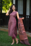 Jute mix (weaved with golden zari) sleeveless cotton mix kurti in chocolate shade **Ready to dispatch**