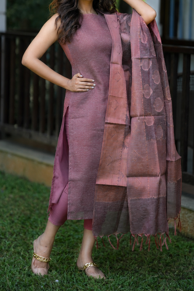 Jute mix (weaved with golden zari) sleeveless cotton mix kurti in chocolate shade **Ready to dispatch**