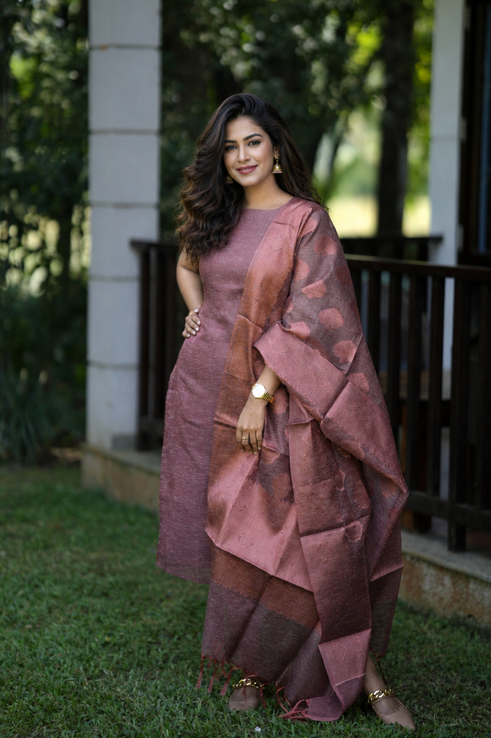Jute mix (weaved with golden zari) sleeveless cotton mix kurti in chocolate shade **Ready to dispatch**