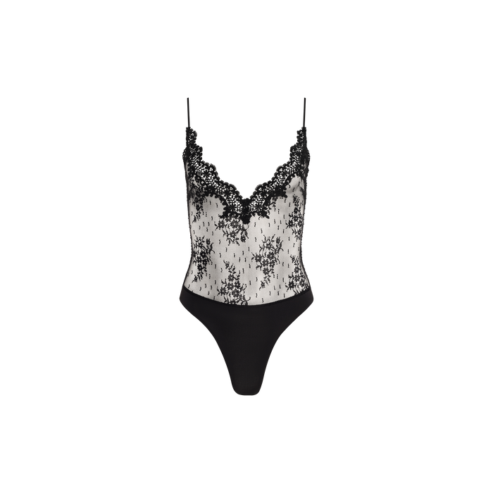 Kaelith Lace Bodysuit with adjustable straps, featuring a Chantilly floral lace sheer top on the bodice and solid black fabric at the bottom, displayed on a plain white background.