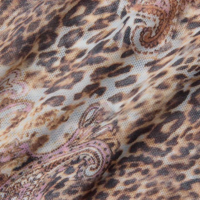 Close-up of the Kalea Mesh Bodysuit, showcasing its lightweight mesh fabric with a leopard paisley print in brown, black, and beige tones, highlighting the texture and gentle folds.