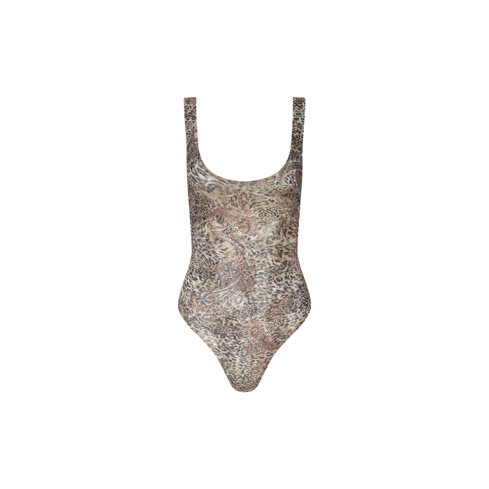 Kalea Mesh Bodysuit with wide shoulder straps, featuring an all-over leopard paisley print in brown, beige, and muted tones, displayed on a plain white background.