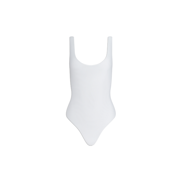Kalea Mesh Bodysuit—a lightweight, plain white one-piece styled bodysuit featuring wide shoulder straps and a scoop neckline, displayed on a white background.