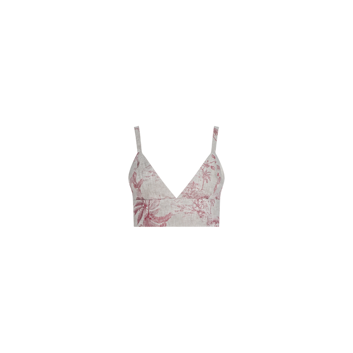 The Kaori Linen Bralette Top is a cropped, sleeveless style with thin straps and a deep V-neckline, crafted from light-colored linen featuring a muted pink jungle toile print on a plain white background.