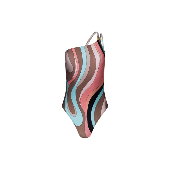 The Karmin One-Piece Swimsuit features a one-shoulder design with a retro wavy swirl print in pink, brown, blue, and black on a white background.