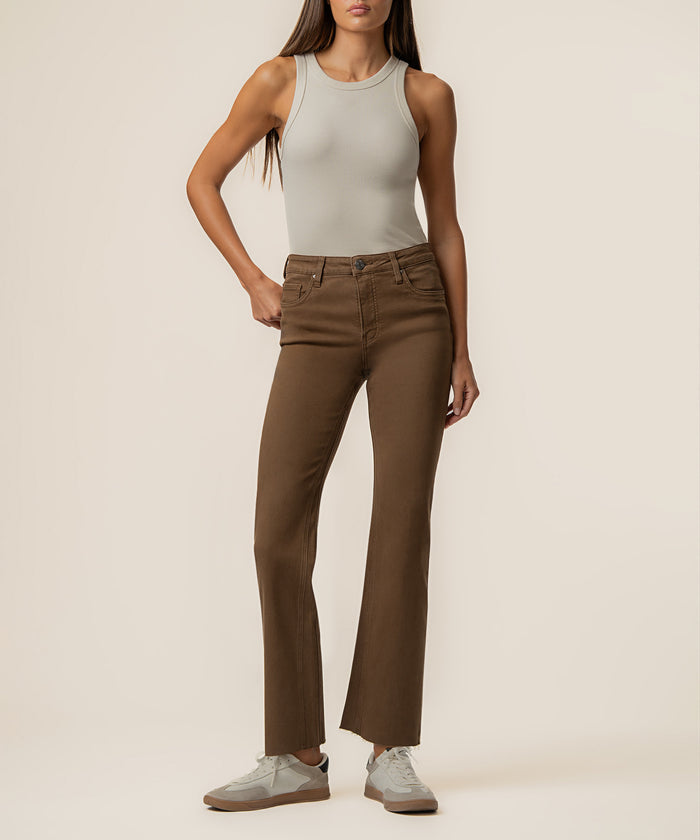 Pecan high-rise ankle flare jeans with five-pocket styling and subtle flare from knee to hem.