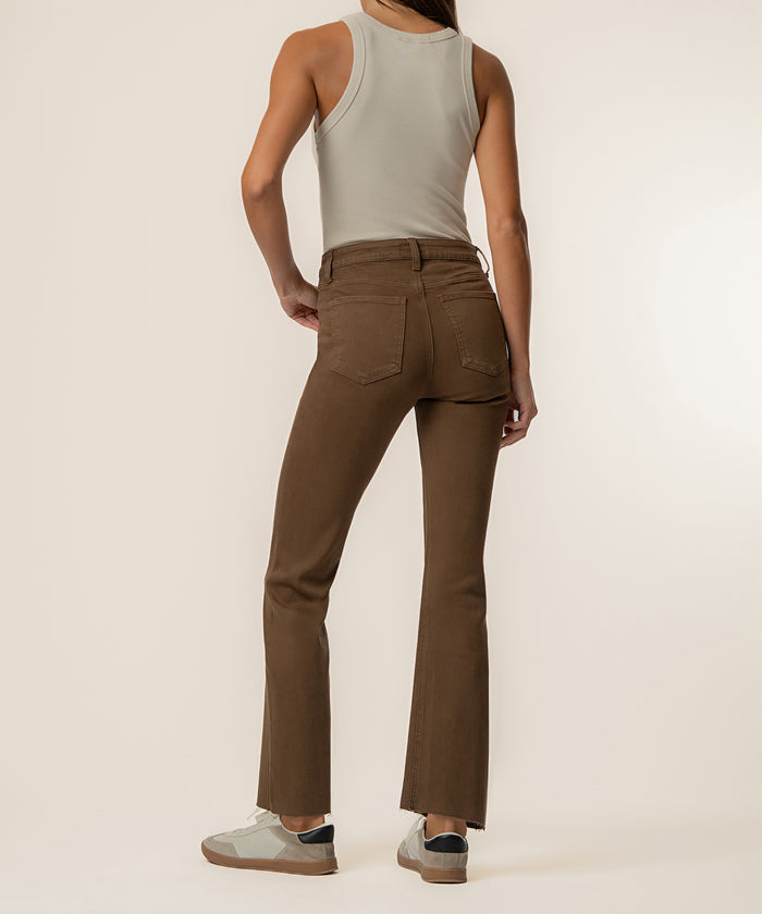 Pecan high-rise ankle flare jeans with five-pocket styling and flared legs, shown on model from waist down.