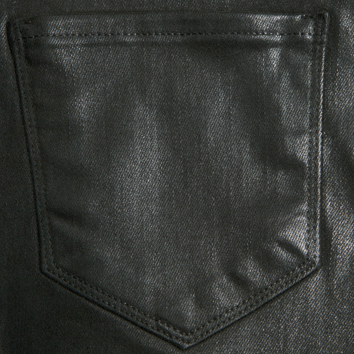 Close-up of the Kendra Coated Cropped Flare Jean’s back pocket in black, highlighting visible stitching and textured coated denim fabric, with a top opening and a tapered point at the bottom.
