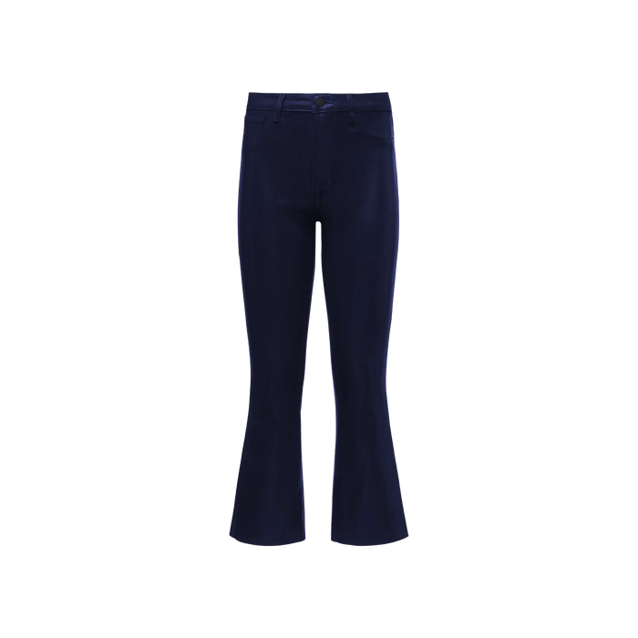 Kendra Coated Cropped Flare Jean in dark blue, featuring a premium high-waist design and slightly flared cropped legs, displayed against a plain white background.