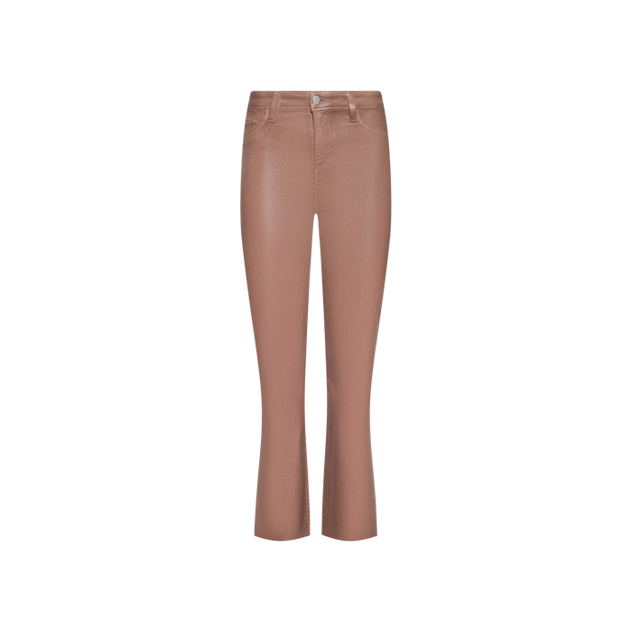 The Kendra Coated Cropped Flare Jean is a high-rise, light brown pant crafted from coated denim. Featuring a button and zip closure, these slightly flared jeans include both front and back pockets and are displayed on a plain white background.