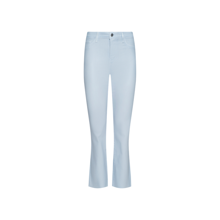 The Kendra Coated Cropped Flare Jean in light blue features a high-rise fit with a button and zipper closure, front and back pockets, and is shown on a plain white background.