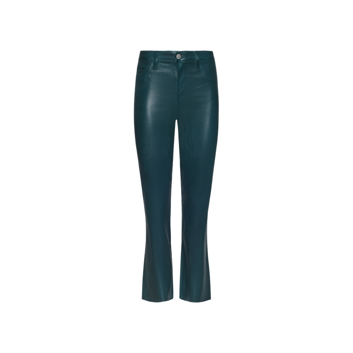 Kendra Coated Cropped Flare Jean in teal, featuring a slim fit, high-rise waist, front and back pockets, button closure, and a slight flare at the hem; displayed on a white background.