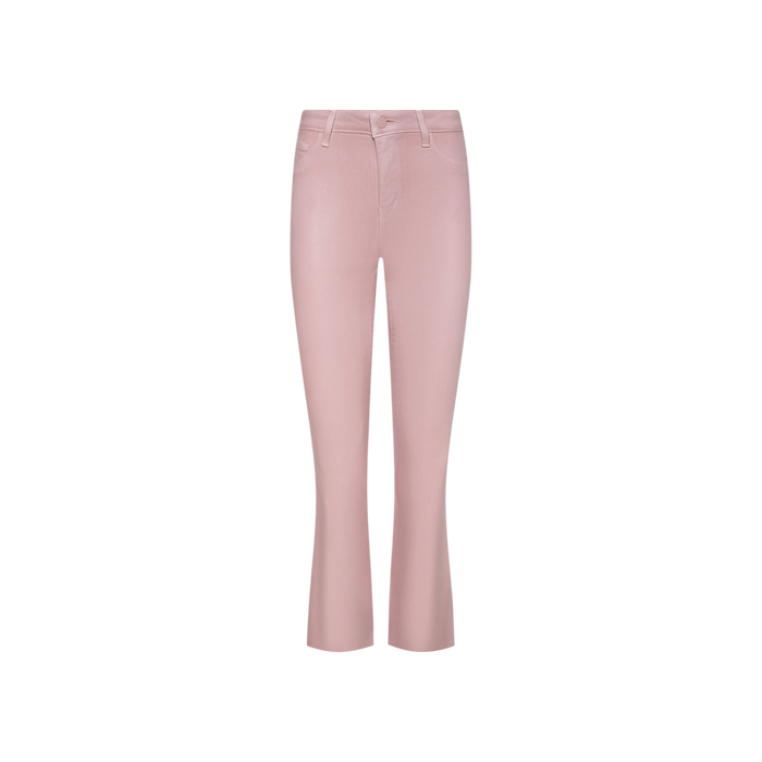 Kendra Coated Cropped Flare Jean featuring a pink hue, button and zip closure, belt loops, front pockets, and crafted from a leather-alternative fabric is displayed on a white background.