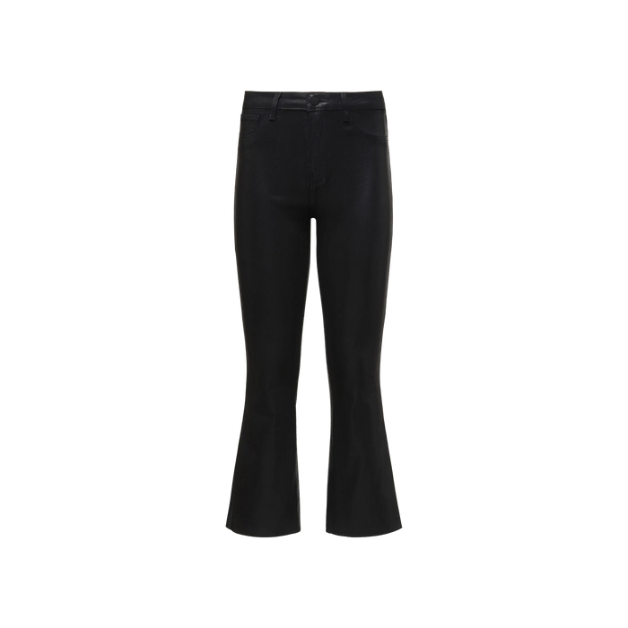 Kendra Coated Cropped Flare Jean displayed on a plain white background. These high rise jeans feature a classic five-pocket design, slightly flared legs, and a modern cropped flare silhouette.
