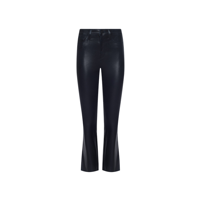 The Kendra Coated Cropped Flare Jean is a pair of black faux leather pants with a subtle flare at the hem, displayed against a plain white background. These high-rise jeans feature front seams and a sleek, shiny finish that evokes the look of coated denim.