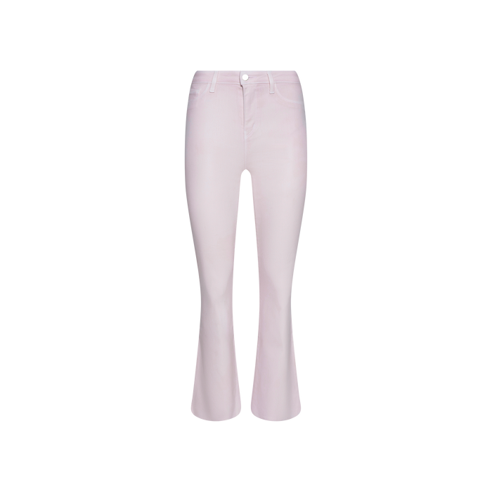 The Kendra Coated Cropped Flare Jean in light pink features a high-rise fit with a front button and zip closure, displayed against a plain white background.