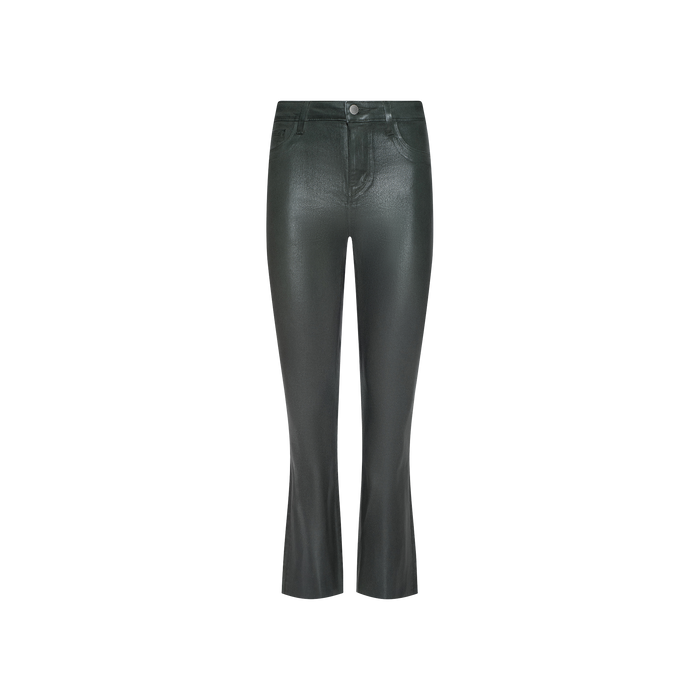 Kendra Coated Cropped Flare Jean in black, featuring a high-waisted fit, front pockets, a button closure, and crafted from coated denim with a cropped flare leg, shown against a plain white background.