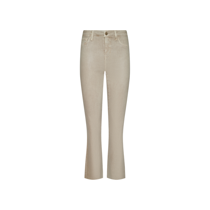 Kendra Coated Cropped Flare Jean in beige corduroy, featuring a high rise, front button and zipper closure, classic five-pocket design, and slightly flared cropped legs, displayed on a plain white background.