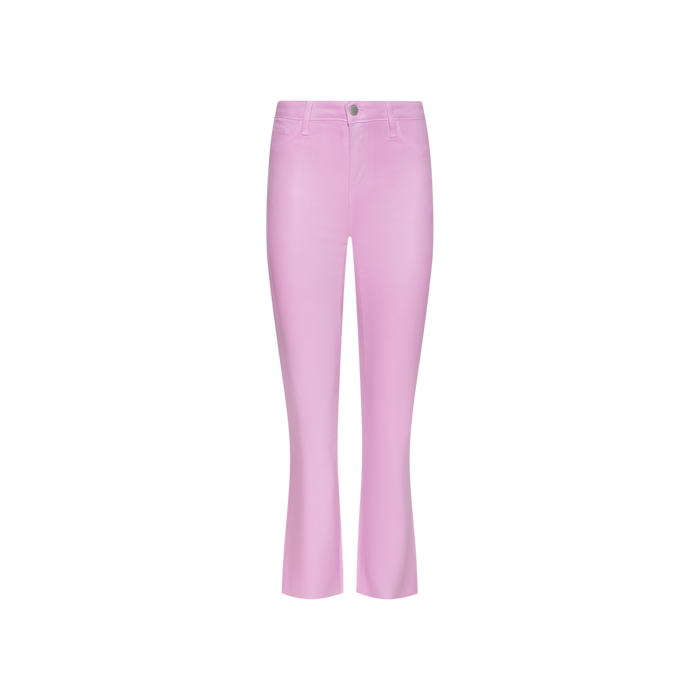 Kendra Coated Cropped Flare Jean in a light pink, high-waisted style featuring a front button and zipper closure, displayed against a plain white background.