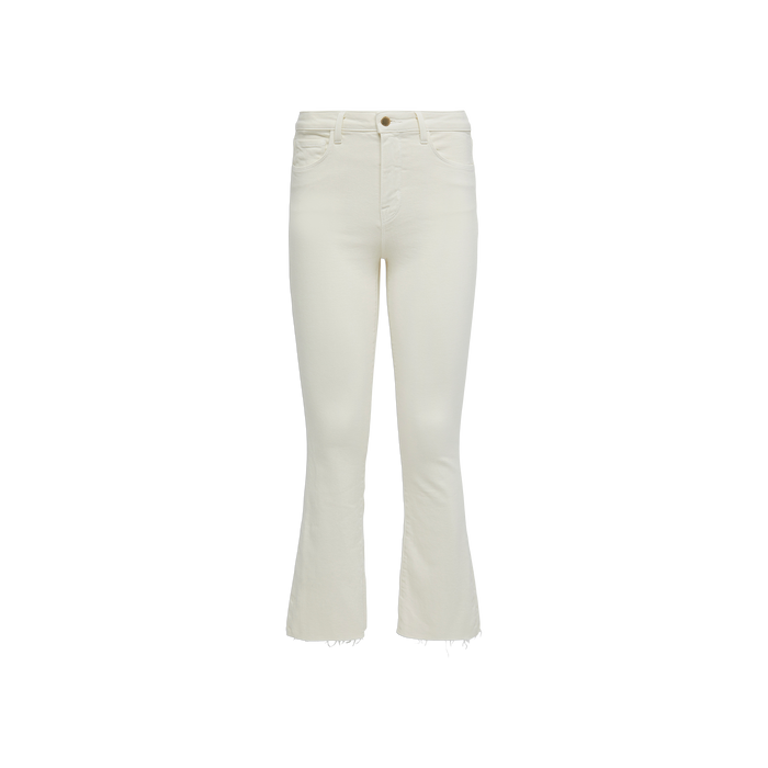 The Kendra Cropped Flare Jean for women features a high-waisted fit in vintage white, button and zipper closure, front and back pockets, and slightly flared raw-edge hems, shown on a plain white background.