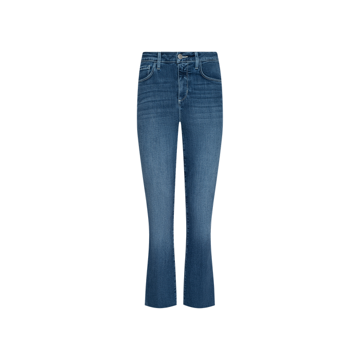 Introducing the Kendra Cropped Flare Jean, featuring a high waist with a front zipper and button closure. Crafted from super stretch denim in a dark wash, these jeans offer both front and back pockets and are designed with a subtle cropped flare at the hem. Presented against a plain white background.